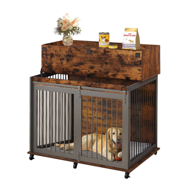 Dog Cage Furniture Type With Iron Frame Door And Cabinet Rustic Brown